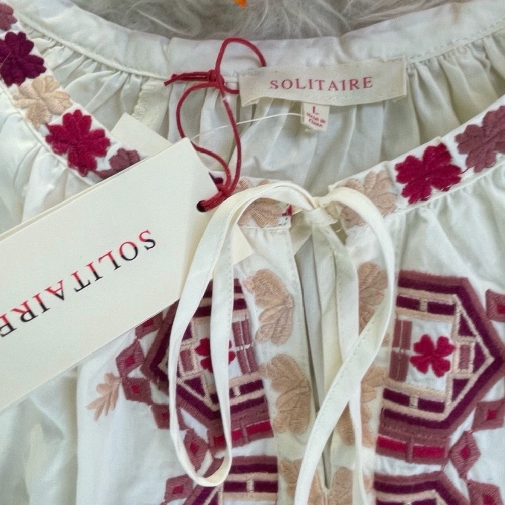 Anthropology Solitaire White Embroidered Tie-Neck Top with Pink & Beige Accents
